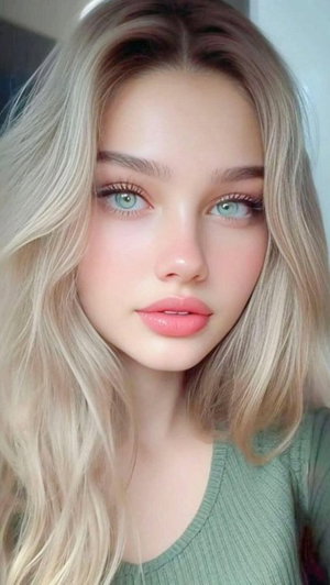 Blonde woman with green eyes in a green top, close-up selfie indoors.