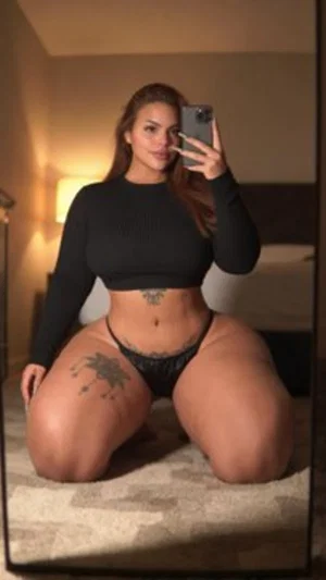 Woman in black crop top and underwear kneeling on carpet in bedroom, taking mirror selfie.