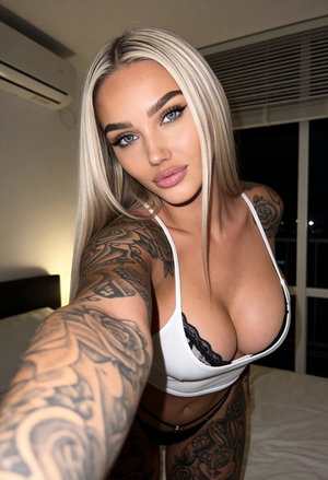 Blonde tattooed woman in white top taking bedroom selfie.