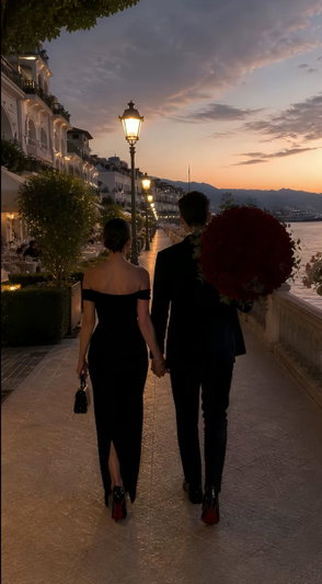 Couple in formal attire walking on waterfront promenade at sunset.