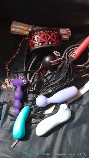 Assorted adult toys and bondage gear on dark fabric.