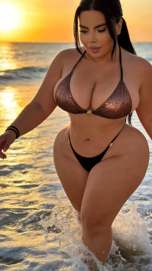 Woman in sparkly bikini walking in ocean at sunset, curvy figure, beach setting.