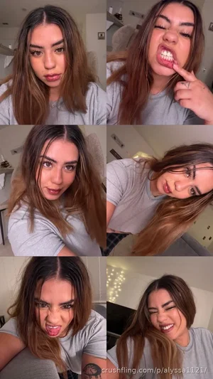 Woman with long brown hair in gray t-shirt making various facial expressions indoors.