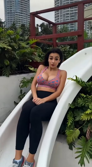 Curvy woman in sports bra and leggings sitting on outdoor slide.