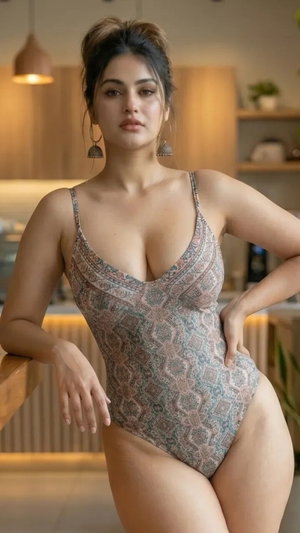 Curvy woman in patterned bodysuit in kitchen.