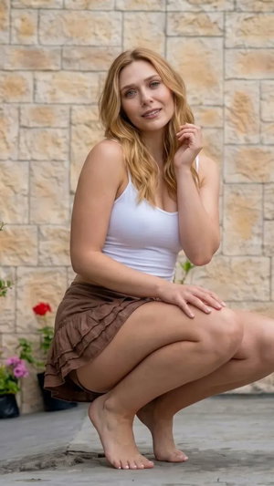 Woman with blonde hair in white tank top and brown skirt crouching outdoors near stone wall.