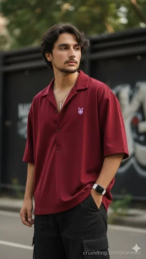 Man in maroon shirt and black cargo pants standing outdoors near graffiti wall.