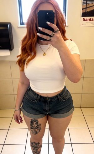 Woman with red hair in white crop top and denim shorts, standing in tiled room with tattoos on legs.