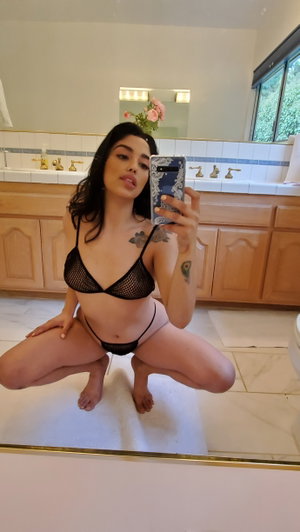 Woman in black mesh lingerie squatting in bathroom mirror selfie.