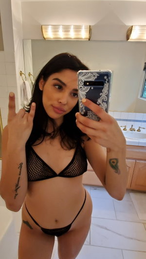 Brunette in black mesh lingerie taking bathroom mirror selfie.