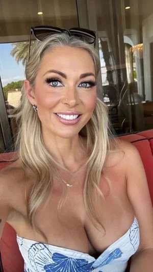 Blonde woman in a blue and white strapless top, smiling, sitting indoors near a window.