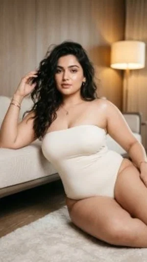 Woman with curly dark hair in white bodysuit sitting on rug in bedroom.