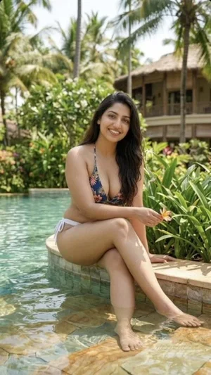 Woman in floral bikini sits by poolside with tropical plants and palm trees.