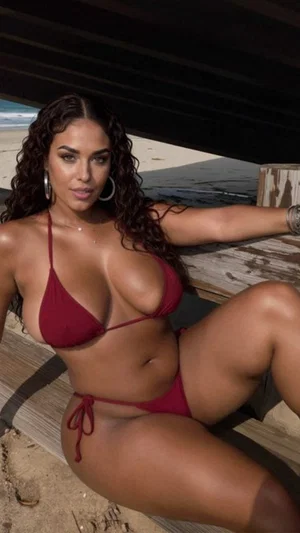 Woman in red bikini posing on wooden structure at beach.