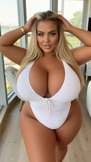 Woman in white one-piece swimsuit posing indoors near window, hands in hair.