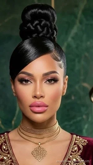 Woman with dark hair in high bun, wearing ornate gold jewelry and red embellished top, against