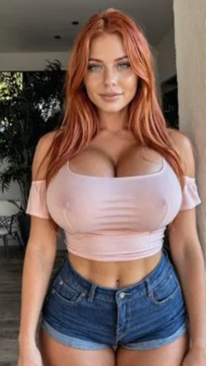 Woman with red hair in pink crop top and denim shorts, standing indoors.