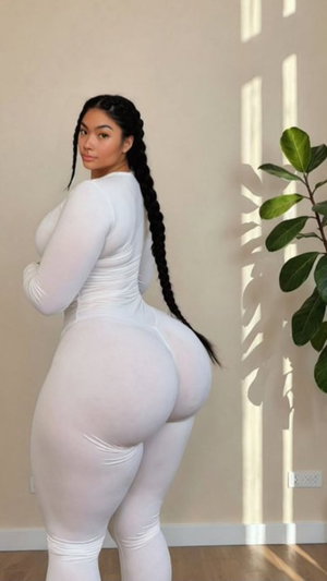 Woman in white bodysuit, long braided hair, standing indoors near plant.