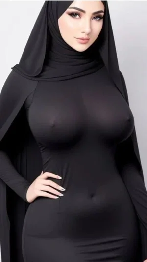 Woman in black sheer dress and hijab, posing indoors, curvy figure.