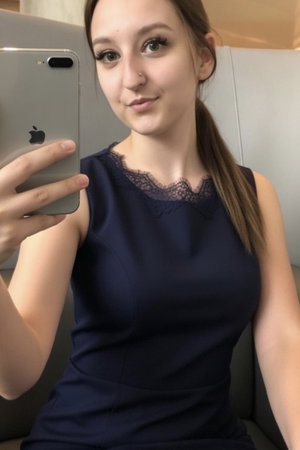 Woman with brown ponytail in navy lace dress taking selfie indoors.
