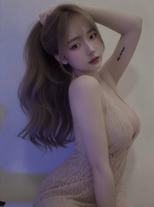 Woman with ponytail in lace dress posing indoors.