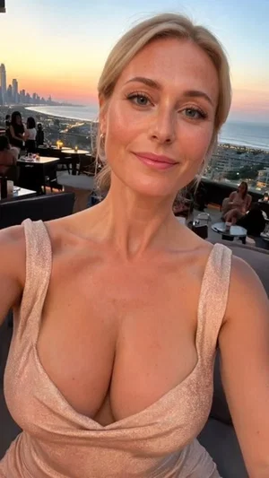 Blonde woman in a sparkly dress at a rooftop lounge with city skyline at sunset.