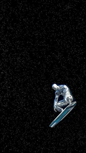 Shiny metallic figure crouching on surfboard against starry black background.
