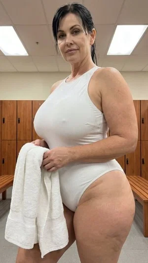 Woman in white one-piece swimsuit holding towel in locker room.