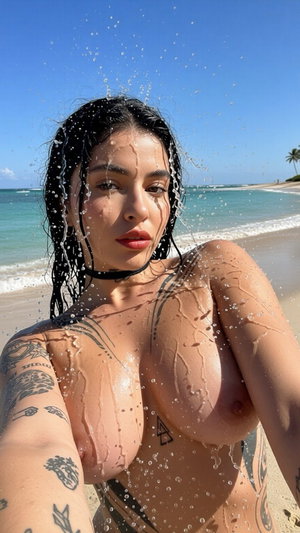 Tattooed woman taking wet selfie on sunny beach with ocean.