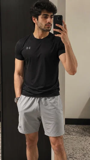 Man in black t-shirt and gray shorts taking mirror selfie indoors.