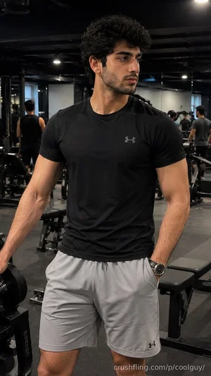 Man in black t-shirt and gray shorts standing in gym, holding dumbbell.