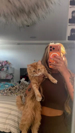 Woman with long hair and tattoos holds a cat in a bedroom selfie, wearing a brown crop top and