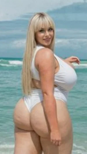 Blonde woman in white bikini posing on beach, curvy body, ocean background.