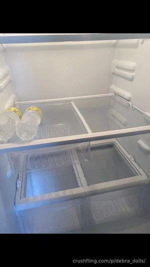 Empty refrigerator interior with two water bottles on top shelf.