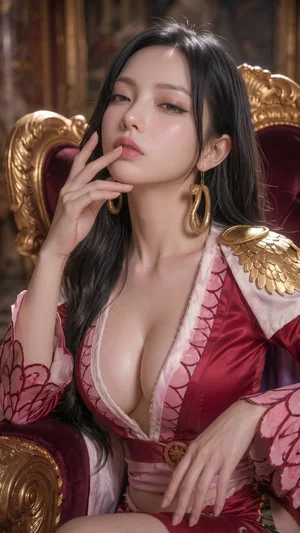 Woman with long black hair in red and gold outfit sitting on ornate chair indoors.