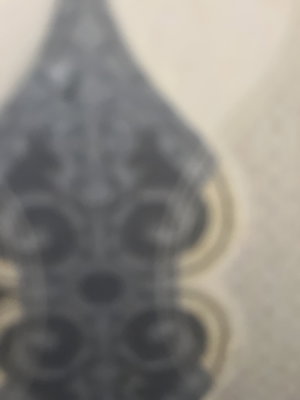 Blurred patterned fabric or wallpaper with dark ornate design.