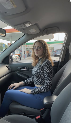Woman with glasses in black top and blue pants in car.