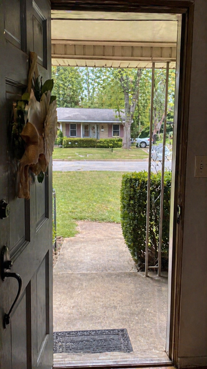 Open front door view of porch, lawn, trees, and street.