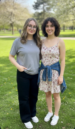 Two women, blonde with glasses in tee pants, curly in floral dress, park.