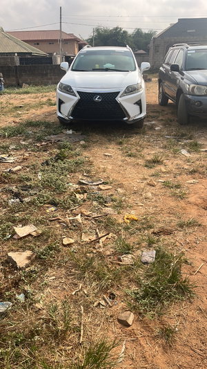 Outdoor dirt lot with white Lexus SUV and gray SUV.