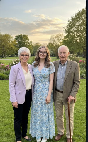 Woman in blazer, woman in floral dress, man with cane in park.