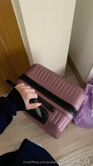 Person in dark clothing holding pink suitcase indoors, near door and rug.