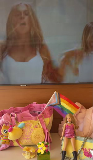 Woman in white top visible on TV screen above colorful toys and bags.