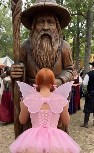 Woman in pink fairy costume with wings, back to camera, standing near wooden wizard sculpture at