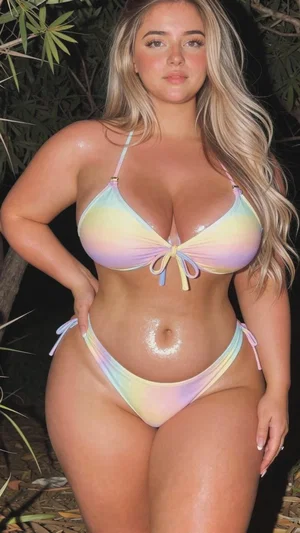 Woman in pastel bikini posing outdoors at night, blonde hair, curvy figure.