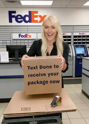 Blonde woman holding box in FedEx office.