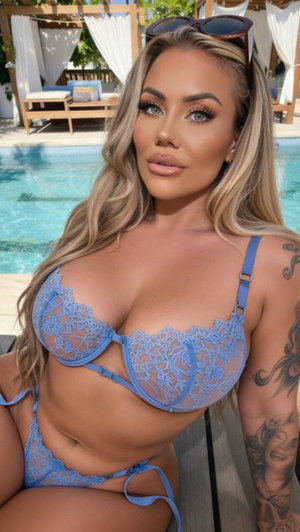 Blonde woman in blue lingerie by a pool.