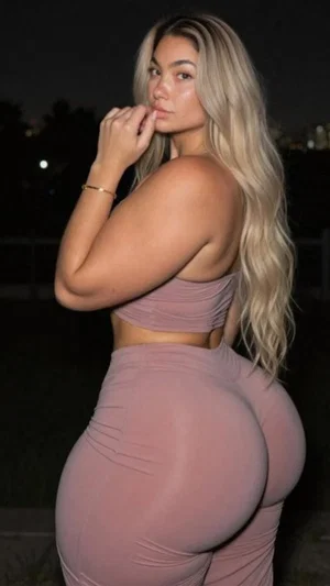 Woman with long blonde hair in a tight pink outfit posing outdoors at night.