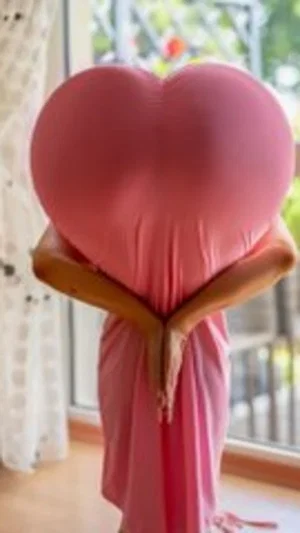 Person in pink dress holding large heart-shaped balloon indoors near window.