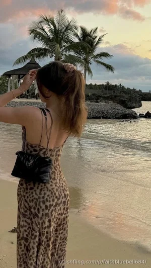 Woman in leopard print dress standing on beach at sunset, back view, holding hair.